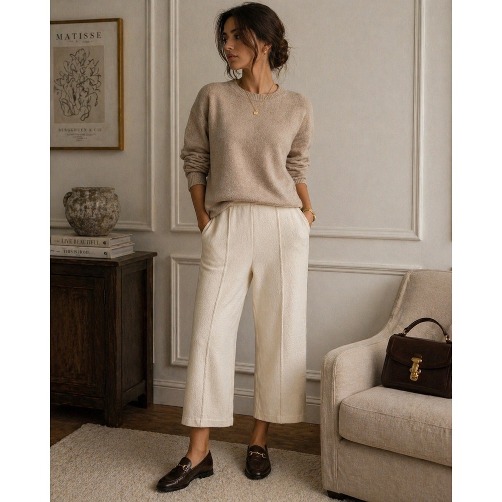 St. John Collection Cream Santana Knit Wide Leg Pull On Pants Old Money Size 8